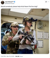 Liam Nissan™ @theliamnissan Would somebody please help Kristi Noem find her dog? 2:42 PM Mar 19, 2025 134.2K Views