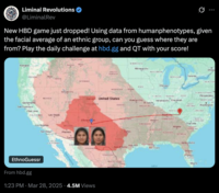 X account @LiminalRev announced the release of "EthnoGuessr" in late March 2025, writing, "Using data from humanphenotypes, given the facial average of an ethnic group, can you guess where they are from?"