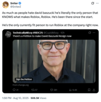 A "tweet":https://knowyourmeme.com/memes/sites/twitter-x in opposition of the Petition to Remove David Baszucki as "_Roblox_":https://knowyourmeme.com/memes/subcultures/roblox CEO, reading, "He's the only currently fit person to run _Roblox_ at the company right now."