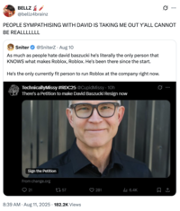 A "quote-tweet":https://knowyourmeme.com/memes/quote-retweets-qrts pushing back against the support of David Baszucki as "_Roblox_":https://knowyourmeme.com/memes/subcultures/roblox CEO.