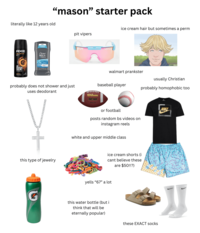 literally like 12 years old "mason" starter pack AXE DARK TEMPTATION Dove MEN +care 72H SCENT probably does not shower and just uses deodorant this type of jewelry ice cream hair but sometimes a perm pit vipers walmart prankster usually Christian baseball player probably homophobic too Wilson NCAA or football posts random bs videos on instagram reels white and upper middle class ice cream shorts (i cant believe these are $50!!?) yells "67" a lot this water bottle (but i think that will be eternally popular) NIKE these EXACT socks J