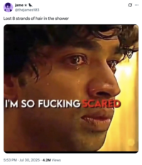 A "tweet":https://knowyourmeme.com/memes/sites/twitter-x using the I'm So F------ Scared "reaction image":https://knowyourmeme.com/memes/reaction-images a part of the "_Squid Game_ Edit Reaction images":https://knowyourmeme.com/memes/squid-game-edit-reaction-images.