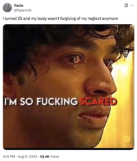 A "tweet":https://knowyourmeme.com/memes/sites/twitter-x using the I'm So F------ Scared "reaction image":https://knowyourmeme.com/memes/reaction-images a part of the "_Squid Game_ Edit Reaction images":https://knowyourmeme.com/memes/squid-game-edit-reaction-images.