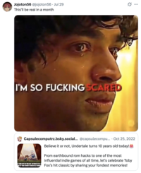 A "tweet":https://knowyourmeme.com/memes/sites/twitter-x using the I'm So F------ Scared "reaction image":https://knowyourmeme.com/memes/reaction-images a part of the "_Squid Game_ Edit Reaction images":https://knowyourmeme.com/memes/squid-game-edit-reaction-images.