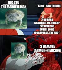 BIG STU THE MANATEE MAN "KING" HAWTHORNE imgflip.com "YOU DARE CHALLENGE ME, FREAK? I'VE WON 100 DUELS! SO DO YOUR WORST, TRY AND-" 3 DAMAGE CARMOR-PIERCINGI