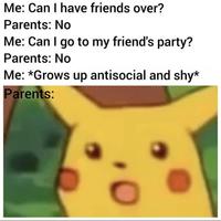 Me: Can I have friends over? Parents: No Me: Can I go to my friend's party? Parents: No Me: *Grows up antisocial and shy* Parents: .