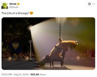 A "life of a showgirl" meme with p--- in boots from Shrek.