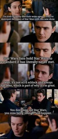 I'm tired of Disney and their woke agenda. They've destroyed the legacy of Star Wars with this new show. Star Wars fans hold Star Wars to a standard it has literally never met. Peter, It's just sci-fi schlock and always has been, which is part of why it's so great. You don't miss old Star Wars, you miss being younger and happier. imgflip.com