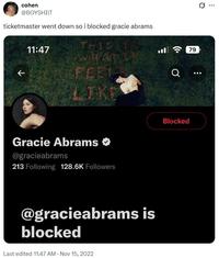 cohen @BOYSHILT ticketmaster went down so i blocked gracie abrams K 11:47 THIS IS WHAT I LIKE Gracie Abrams @gracieabrams 213 Following 128.6K Followers @gracieabrams is blocked Last edited 11:47 AM - Nov 15, 2022 יון 79 a ... Blocked Q