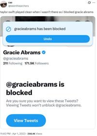 A post reading, "taylor swift played clean when i wasn’t there so i blocked gracie abrams." The post is by @beenthearchers.
