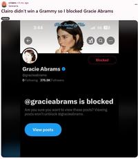 A Reddit post reading, "Clairo didn’t win a Grammy so I blocked Gracie Abrams."