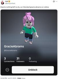 A post reading, "there's nothing left to do, so i blocked gracie abrams on roblox."