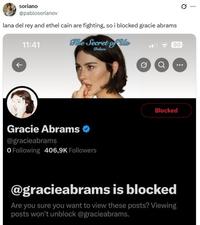 A post reading, "lana del rey and ethel cain are fighting, so i blocked gracie abrams."