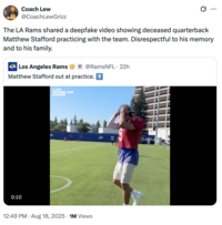 A "tweet":https://knowyourmeme.com/memes/sites/twitter-x joking about the "theory":https://knowyourmeme.com/memes/cultures/conspiracy-theories that LA Rams quarterback Matthew Stafford died weeks before the start of the 2025-2026 "NFL":https://knowyourmeme.com/memes/cultures/nfl-american-football season.