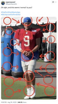 A "tweet":https://knowyourmeme.com/memes/sites/twitter-x joking about the "theory":https://knowyourmeme.com/memes/cultures/conspiracy-theories that LA Rams quarterback Matthew Stafford died weeks before the start of the 2025-2026 "NFL":https://knowyourmeme.com/memes/cultures/nfl-american-football season.