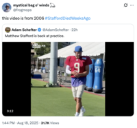 A "tweet":https://knowyourmeme.com/memes/sites/twitter-x joking about the "theory":https://knowyourmeme.com/memes/cultures/conspiracy-theories that LA Rams quarterback Matthew Stafford died weeks before the start of the 2025-2026 "NFL":https://knowyourmeme.com/memes/cultures/nfl-american-football season.
