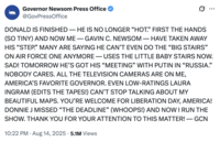 @GovPressOffice posted a tweet mocking Donald Trump's posting style on August 14th, 2025, writing, "DONALD IS FINISHED — HE IS NO LONGER “HOT.” FIRST THE HANDS (SO TINY) AND NOW ME — GAVIN C. NEWSOM — HAVE TAKEN AWAY HIS 'STEP.'"