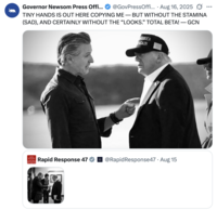 X account @GovPressOffice posted a picture of Governor Newsom with his finger pointed at Donald Trump's chest, writing, "TINY HANDS IS OUT HERE COPYING ME — BUT WITHOUT THE STAMINA (SAD), AND CERTAINLY WITHOUT THE “LOOKS.” TOTAL BETA! — GCN" 