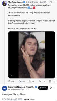 X account @GovPressOffice responded to a tweet by gay conservative influencer Scott Presler, writing, "thank you, "Nancy Mace":https://knowyourmeme.com/memes/events/nancy-maces-transgender-capitol-bathroom-bill. 