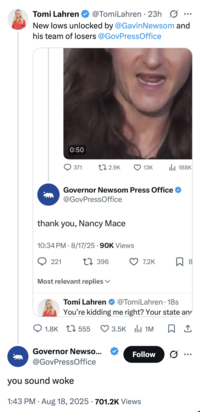 Tomi Lahren responded to @GovPressOffice's tweet likening gay conservative influencer Scott Presler to Nancy Mace, writing, "New lows unlocked by @GavinNewsom and his team of losers @GovPressOffice." The account responded to the tweet with, "you sound woke."