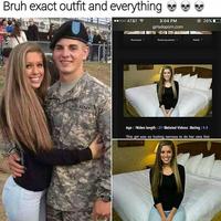 A meme reading, "Bruh Exact Outfit and Everything." The meme shows a photo of Selena Green Vargas and her alleged military boyfriend, who she purportedly cheated on to do an adult video for GDPTV.