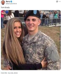 The image of Selena Vargas and her military boyfriend. The photo is captioned "Tom Brady," referencing cheating rumors about the celebrity.