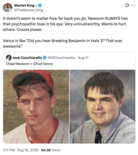 A "tweet":https://knowyourmeme.com/memes/sites/twitter-x comparing the high school photos of California Governor "Gavin Newsom":https://knowyourmeme.com/memes/people/gavin-newsom and "U.S.":https://knowyourmeme.com/memes/cultures/united-states-of-america Vice President "J.D. Vance":https://knowyourmeme.com/memes/people/jd-vance, which, overall, likened Newsom as a ""Chad":https://knowyourmeme.com/memes/chad" and Vance as a ""Chud":https://knowyourmeme.com/memes/chud" or "nerd."