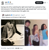 A "tweet":https://knowyourmeme.com/memes/sites/twitter-x comparing the high school photos of California Governor "Gavin Newsom":https://knowyourmeme.com/memes/people/gavin-newsom and "U.S.":https://knowyourmeme.com/memes/cultures/united-states-of-america Vice President "J.D. Vance":https://knowyourmeme.com/memes/people/jd-vance, which, overall, likened Newsom as a ""Chad":https://knowyourmeme.com/memes/chad" and Vance as a ""Chud":https://knowyourmeme.com/memes/chud" or "nerd."