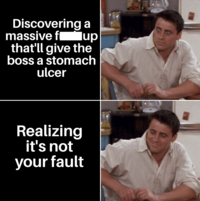 Discovering a massive fup that'll give the boss a stomach ulcer Realizing it's not your fault