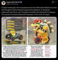 Supper Mario Broth @MarioBrothBlog 0 A player looking for the most balanced build in Mario Kart World may find that the game claims Koopa Troopa on the Billdozer is "perfectly balanced", but this is a lie. The game simplifies the real stats for display. The actual most balanced build is Bowser on the Tune Thumper. Speed Shine Sprite Acceleration Weight BAN Handling LOWER OMK RED SHELL Billdozer RED S--- A player trying to be prepared for all situations in Mario Kart World may try to look for the most balanced possible build. The in-game menu says Koopa Troopa on the Billdozer is "perfectly balanced", but this is a lie. These stats simplify the real, internal stats that are split into speed and handling on various types of terrain. This build is actually faster on asphalt than off-road, being imbalanced. ource: mkworldbuilder.com; reddit.com user Tigosharkx13 ne Sprite OIL BANANA The real most balanced build in the game is Bowser on the Tune Thumper. While no build hits exactly 2.0 on all internal stats, this one comes the closest and actually does behave the same on and off-road. Speed Smooth, Rough and t Handling Smooth Rough and waned 2222 - ສ ສ ສ