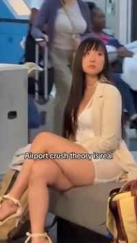 A screenshot of a video of a beautiful woman sitting at the airport. The caption reads, "Airport crush theory is real."