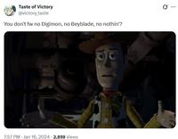 A meme reading, "You don't fw no Digimon, no Beyblade, no nothin'?" The meme is based on the video "Buzz Has 0 Swag."