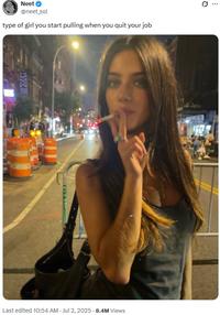A meme reading, "type of girl you start pulling when you quit your job." The meme is placed over a photo of Brooke Flecca.