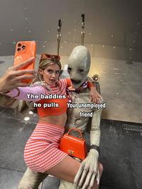 A meme about the unemployed friend pulling baddies. The meme uses the "Mr. Handsome":https://knowyourmeme.com/memes/eve-and-mr-handsome-selfie format.