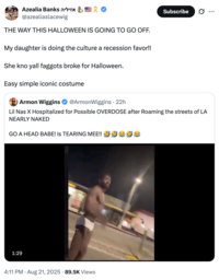 A "quote-tweet":https://knowyourmeme.com/memes/quote-retweets-qrts joking about "Lil Nas X":https://knowyourmeme.com/memes/people/lil-nas-x getting arrested and hospitalized in late August 2025, following a "viral video":https://knowyourmeme.com/memes/viral-videos of him walking down an LA street in underwear and cowboy boots.