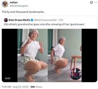 A post reading, "Thirty one thousand bookmarks." The post refers to the athletic grandma video.