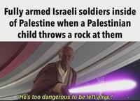 Fully armed Israeli soldiers inside of Palestine when a Palestinian child throws a rock at them He's too dangerous to be left alive!