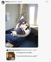 X user @viperwave posted an image of an anime girl reaching out through a noose, jokingly implying that the "80s Miss You" video was an attempt to get people to end their own life. The post gathered over 2,000 likes in two days.