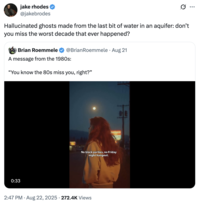 X user @jakebrodes tweeted, "Hallucinated ghosts made from the last bit of water in an aquifer: don’t you miss the worst decade that ever happened?" in response to a viral AI-generated "'80s Miss You" video.
