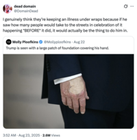 A "quote-tweet":https://knowyourmeme.com/memes/quote-retweets-qrts joking about "Donald Trump":https://knowyourmeme.com/memes/people/donald-trump and the makeup/bruising on his hand, which caused speculation about his impending death.