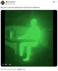 II GIF ALT Dopamine @iSynesthete Me after I ate the radioactive shrimp from Walmart 2:16 PM Aug 19, 2025 .32.5K Views Q