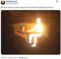 Kate Melvin @RealKateMelvin Me after eating a whole bag of them walmart radioactive shrimp. 5:24 PM - Aug 22, 2025 90.4K Views Q