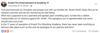 A "Facebook":https://knowyourmeme.com/memes/sites/facebook-meta post from KnokX Pro Entertainment & Academy, addressing the Raja Jackson Syko Stu Wrestling Incident on Kick.