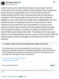 A "tweet":https://knowyourmeme.com/memes/sites/twitter-x from Rampage Jackson about his son Raja Jackson attacking wrestler Syko Stu.