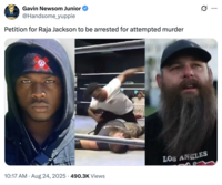 A "tweet":https://knowyourmeme.com/memes/sites/twitter-x urging for the arrest of Raja Jackson for alleged attempted murder on Syko Stu.