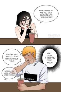 A piece of Bleach fan art. The meme is about speech bubbles getting mixed up.