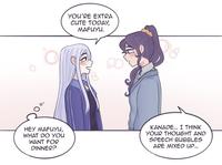 YOU'RE EXTRA CUTE TODAY, MAFUYU. HEY MAFUYU, WHAT DO YOU WANT FOR DINNER? KANADE... I THINK YOUR THOUGHT AND SPEECH BUBBLES ARE MIXED UP...
