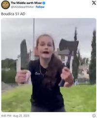A meme reading, "Boudica 51 AD." The caption is attached to the axe knife girl.