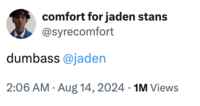A "tweet":https://knowyourmeme.com/memes/sites/twitter-x about "Jaden Smith":https://knowyourmeme.com/memes/people/jaden-smith supposedly ""fumbling":https://knowyourmeme.com/memes/fumbling-a-bad-bitch" his ex-girlfriend Sab Zada, whom he allegedly cheated on in 2024 with an "influencer":https://knowyourmeme.com/memes/social-media-influencer named Khleopatre.