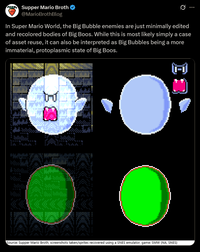 Supper Mario Broth @MarioBrothBlog Ø In Super Mario World, the Big Bubble enemies are just minimally edited and recolored bodies of Big Boos. While this is most likely simply a case of asset reuse, it can also be interpreted as Big Bubbles being a more immaterial, protoplasmic state of Big Boos. 38 Source: Supper Mario Broth, screenshots taken/sprites recovered using a SNES emulator, game: SMW (NA, SNES)